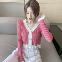 Small knitted cardigan womens pink spring and autumn wear V-collar gentle lazy wind high waist short fashion sweater coat