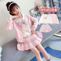 Childrens fall JK Suite Childrens College Wind knit cardiovertresses Long sleeves Three sets Girls jk sweaters dress