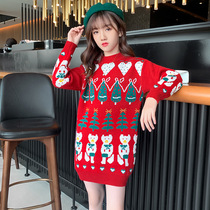 Autumn and winter women thick warm sweater long 2021 New Christmas children knitted dress tide