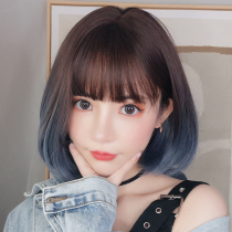 Wig female short hair student round face haze Blue full head Net red short curly hair natural girl Bobo hair set