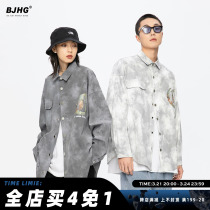 Spring vintage vintage worn tie-dye shirts mens and womens fashion brand American hip hop high street print loose shirt jacket jacket coat