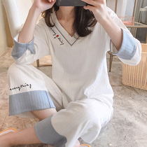 Pajamas womens spring and autumn can wear long-sleeved two-piece set Korean version of sweet autumn cotton large size loose home wear set