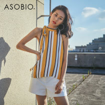 Asobio womens striped sleeveless neckline shirt print apricot yellow ladies chiffon T-shirt Blouse Autumn womens autumn