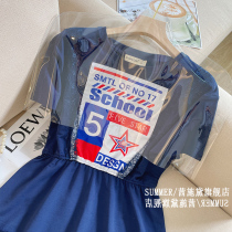 Blue printed one-piece dress Women 2022 New French style Temperament Short Sleeves Cashew THIN WEB YARN A Wordskirt