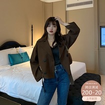 Wang Grape slightly fat mm casual loose double-breasted windbreaker feminine temperament waist thin large size long short jacket