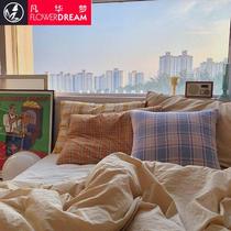 Pumpkin color quilt cover set cotton mix and match pillowcase plaid cotton four-piece pillow pin ins retro card with the same model