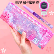 Net red Quicksand stationery box Multi-functional large capacity pen box for primary school students creative cartoon boys and girls Simple small fresh cute pencil box Unicorn Cherry blossom rain girl ins tide transparent bag