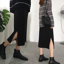 Skirt womens spring and autumn 2021 new medium-long bag hip split one-step skirt black base ins super fire skirt