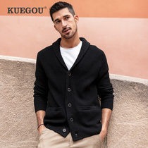 Kuegou mens sweatshirt sweater jacket mens clothing spring minimalist pure colour turned collar-knitted sweatshirt worn 32005