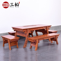 Sanyun mahogany furniture carved kung fu tea table solid wood antique tea table Myanmar rosewood tea table and chair combination D