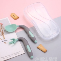 Baby learn to eat training spoon elbow fork spoon set baby food supplement silicone soft one year old bending children spoon