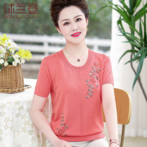 Middle aged female mom Summer short sleeve T-shirt embroidered round collar blouse middle-aged female summer clothing ice-knitted sweatshirt