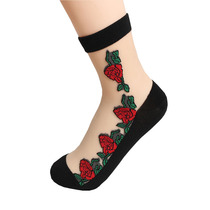 Socks womens crystal socks embroidered card silk cotton bottom thin sweat-absorbing silk Korean Ice Silk middle tube anti-hook Silk womens stockings