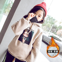 Girls sweater velvet winter new female big child foreign style fake two-piece high collar hooded thickened top 12-15 years old