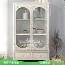 American countryside antique white made of old solid wood bookcase lockers glass Open wine cabinet Carved Children Doll Cabinet