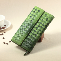 Bafuli leather woven womens wallet long sheepskin Korean three-fold womens zipper wallet womens wallet