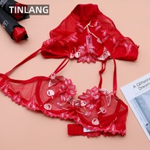 European and American underwear ladies bra full-through sexy embroidery perspective without sponge non-chest ultra-thin large size bra set