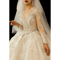 Long sleeve main wedding dress 2021 new bride advanced sense French V collar heavy industry luxury palace style big tailing