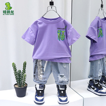 Boy Clothing Boy Summer Clothing Suit 2022 New Children Ocean Air Summer Han Edition Handsome Short Sleeve Denim Two Sets Tide