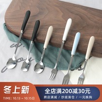 Japanese creative spoon medium tableware small spoon Fork ceramic long handle stainless steel fruit fork coffee mixing spoon