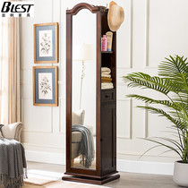 American solid wood full-length mirror Full-body floor-to-ceiling mirror European retro dressing mirror Bedroom vertical storage rotating coat rack