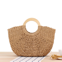 Two wooden handle carrying straw bag paper rope hand woven beach bag Sen solid color large capacity Womens bag