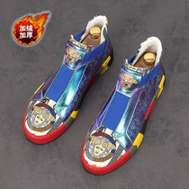 European station mens new printed plus velvet short boots personality youth color matching high-top shoes Korean style trendy inner heightening sneakers