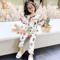 Childrens pajamas female spring and autumn cotton cardigan baby long sleeve suit Zhongdang child parent-child Princess home clothing summer Cotton