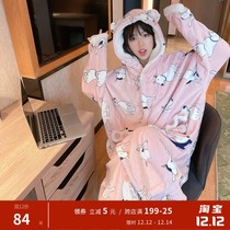Pink puppy hooded nightgown coral velvet nightgown long cute pajamas female winter flannel padded home clothes