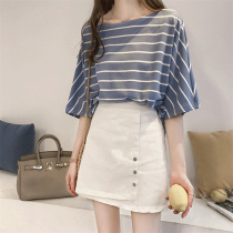 2020 summer dress Korean version of large size stripes t-shirt female students Net red top loose casual short sleeve road shoulder base shirt