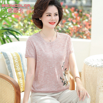 Mom Xia Costume Wide Wife Ice Silk Clothes Foreign Air Seniors Clothes 40-50 Year Old Age Female Clothing Short Sleeve T-shirt