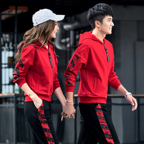 Couple sports suit men and women autumn and winter red cotton casual hooded sweater running clothes plus velvet two-piece set