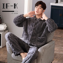 IF-KAN coral velvet mens pajamas autumn winter thickened and plush winter flannel cotton housewear warm set