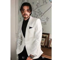 CULTUM Business gentleman slim one button green fruit collar white suit male wedding wedding groom dress single West