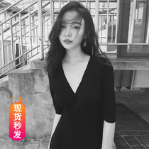Hepburn style dress female 2021 summer new sexy temperament V-neck waist thin retro ingenuity small black skirt