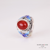 Lingyu silver 999 foot silver filigree inlaid ring Womens Agate ring Vintage court sterling silver handmade silver jewelry
