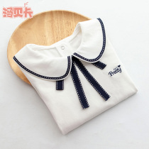 Girls white T-shirt spring and Autumn new childrens clothing girls lapel bottoming shirt childrens college style female baby top