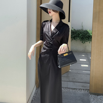 Hepburn style retro temperament dress 2021 spring new design sense pleated waist mercerized satin shirt skirt