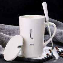 Creative personality ceramic mug with lid spoon drinking cup trend couple men and women household milk coffee teacup