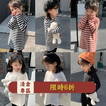 L mom girls striped bottoming shirt fever velvet high neck female baby long-sleeved mid-length T-shirt winter new top
