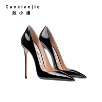 Dare Miss 2022 new European and American black fine heel high heel Shoe pointed light mouth lacquered leather woman shoes sexy 12cm single shoes