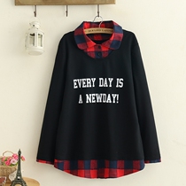 Fatty plus size womens clothing 200kg fat mm spring and autumn fake two-piece pullover top loose long sleeve plaid sweater women