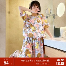 Bunny bear short sleeve Capri pants pajamas female summer size fat MM loose cotton cartoon cute home suit