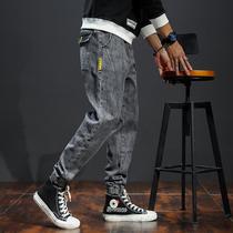 Tide Cards Mens Jeans Loose Straight Drum Grey Small Feet Korean Version Trendy Brief Casual Autumn New Long Pants