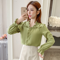 Long sleeve shirt woman 2022 spring fit new V collar wood slalom shirt shirt student little fresher horn sleeve blouse