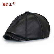 The first layer of cowhide octagonal hat mens winter leisure Korean version of the leather hat Mens leather leisure hat Korean version of the tide hat