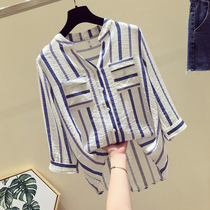 Hong Kong pop brand three-point sleeve striped shirt womens spring 2021 new loose casual wild V-neck chiffon shirt