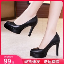 Leather cheongsam catwalk high heels thin heel pointed single shoes black muffin waterproof platform large size professional work shoes women