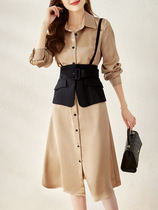 Shirt dress fashionable vintage can salt sweet slim waist seal imitation acetate satin dress 21 Autumn New olfan