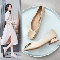 Single shoes womens 2021 Spring small high heels soft bottom low heel leather milk shoes womens coarse heel shoes